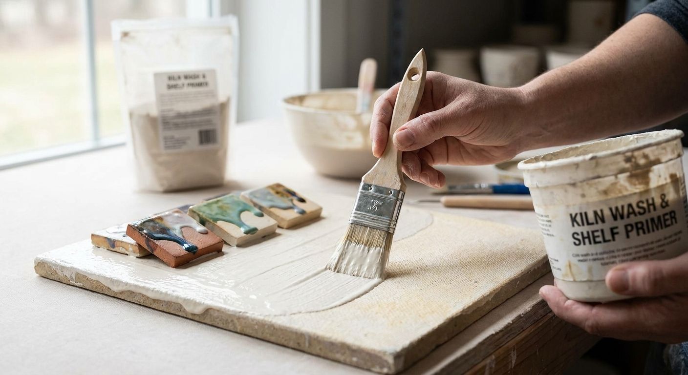 Kiln wash and shelf primer for glaze drips