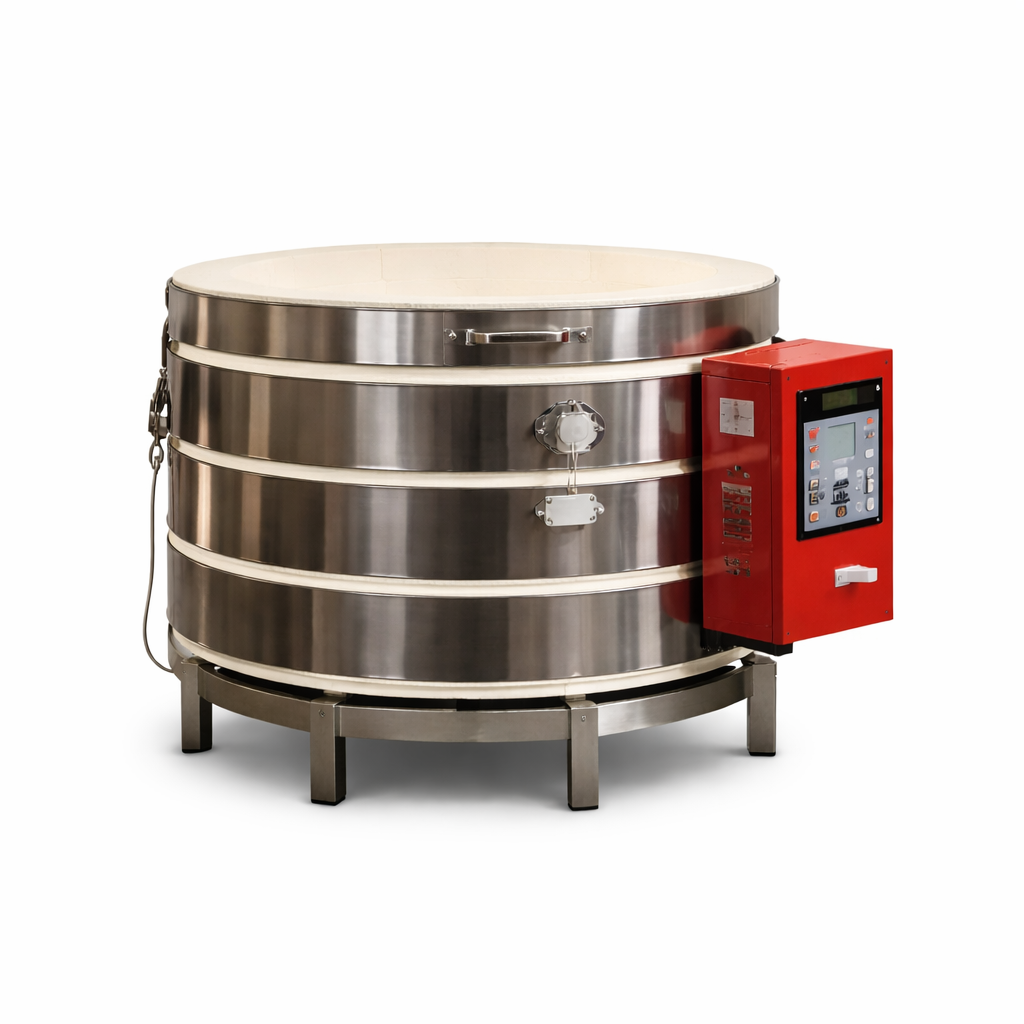Metallic cylindrical furnace with a red control panel on a white background