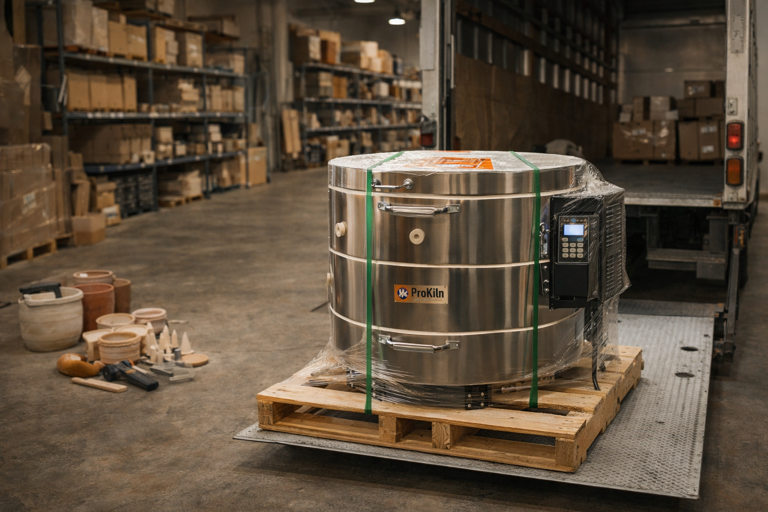 Large industrial tank on a pallet in a warehouse setting