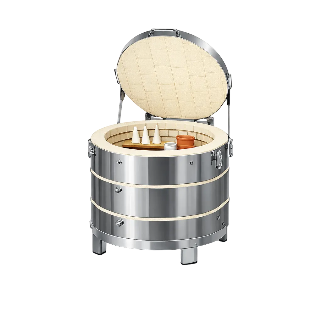 Metallic cylindrical cooler with a white interior on a white background