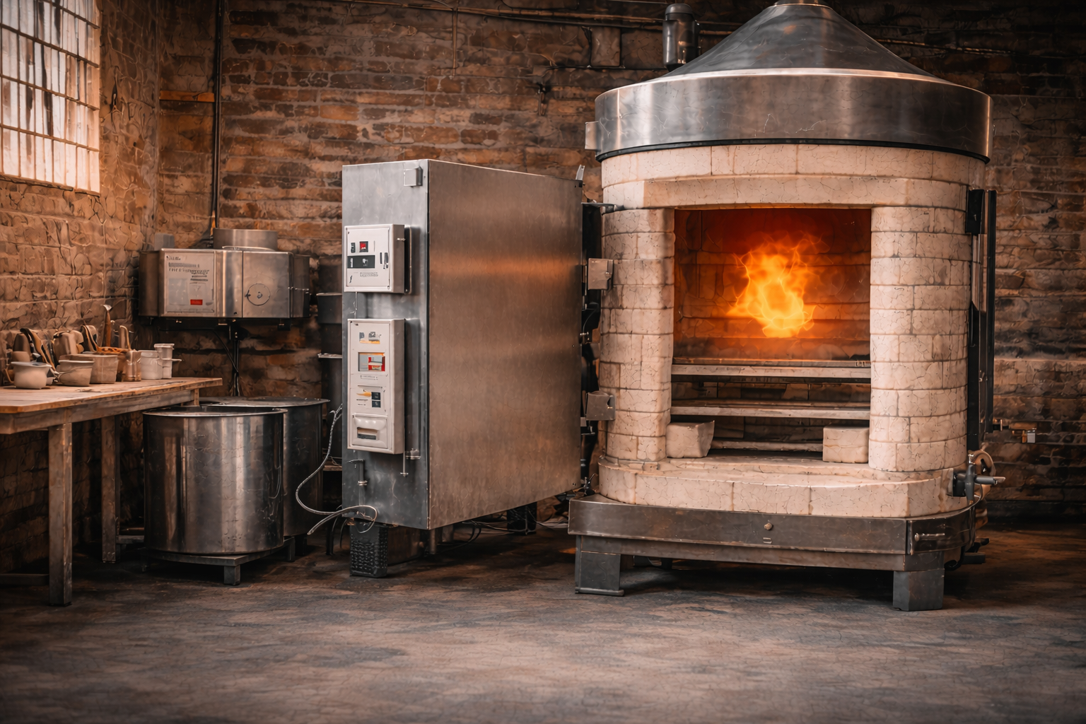Masonry heater with glowing interior in a rustic workshop setting