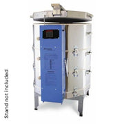 Stainless steel machine with blue panel on a white background