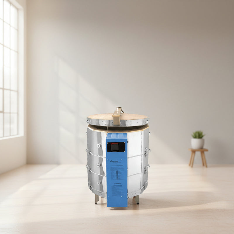 Round metal drum with blue control panel on a white background