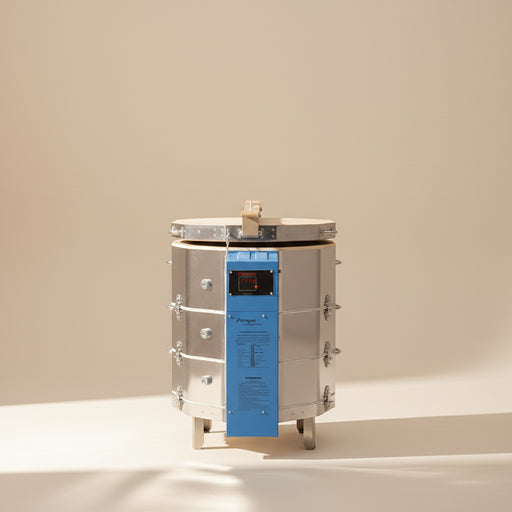 Round metal drum with blue control panel on a white background