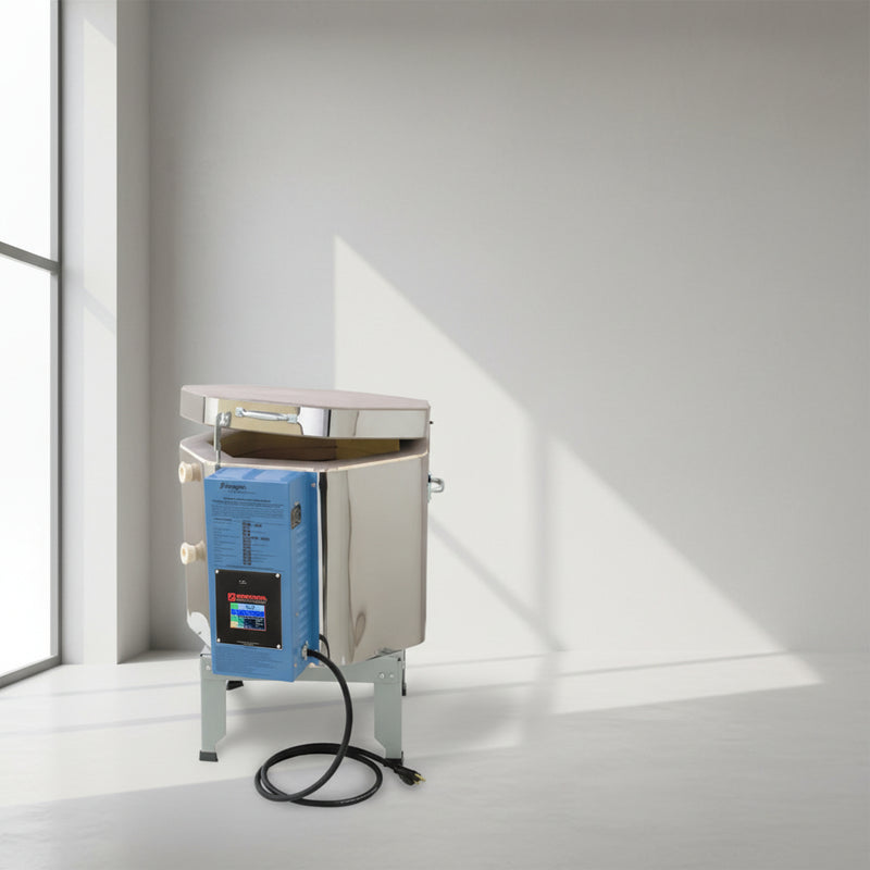 Stainless steel machine with blue control panel on a white background