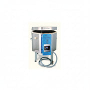 Industrial machine with blue control panel and hose on a white background