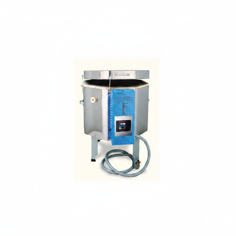 Industrial machine with blue control panel and hose on a white background