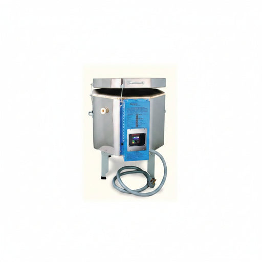 Industrial machine with blue control panel and hose on a white background