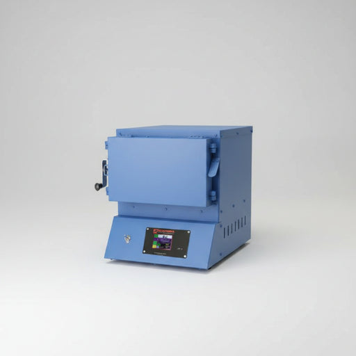 Blue kiln with open door on a white background