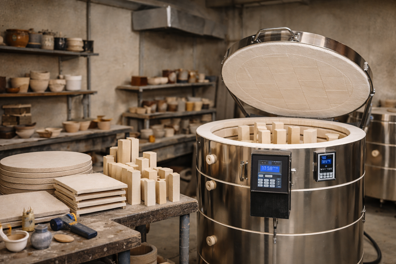 Stainless steel kiln in a pottery studio with shelves of ceramic items.