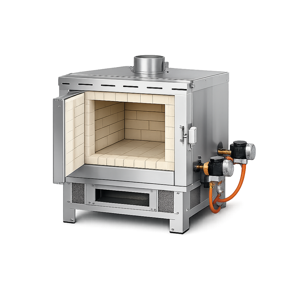 Stainless steel kiln with open door on a white background