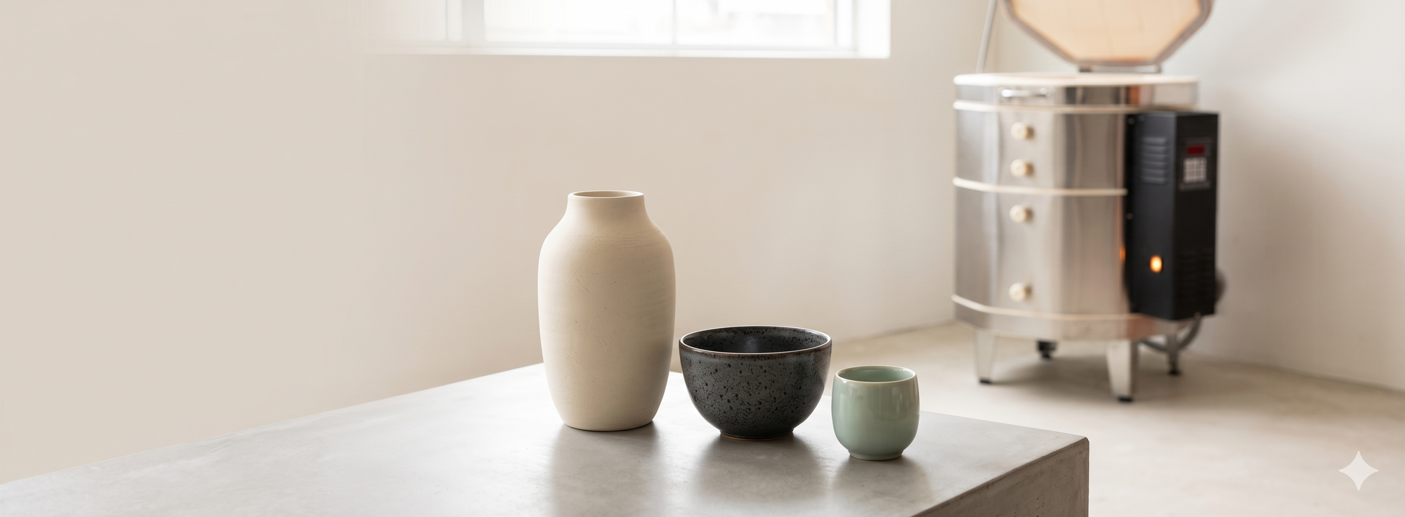 Three ceramic vases on a table with a modern lamp in the background.